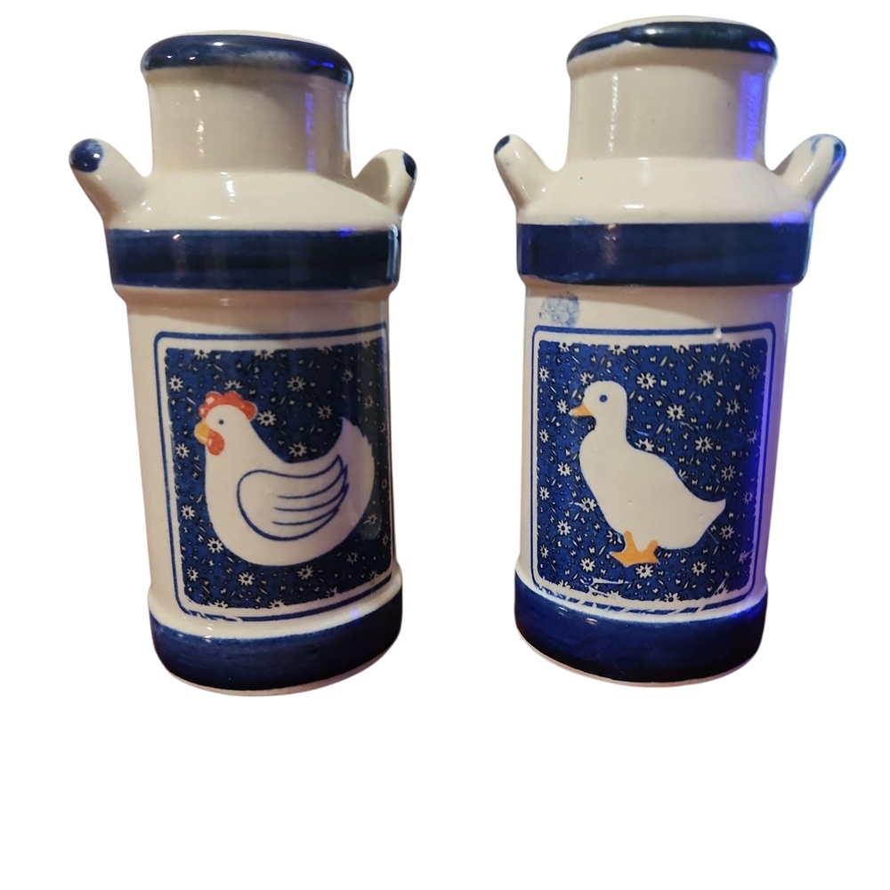 VintageBlue and White Ceramic Duck And Chicken Salt Pepper Shakers With Stoppers